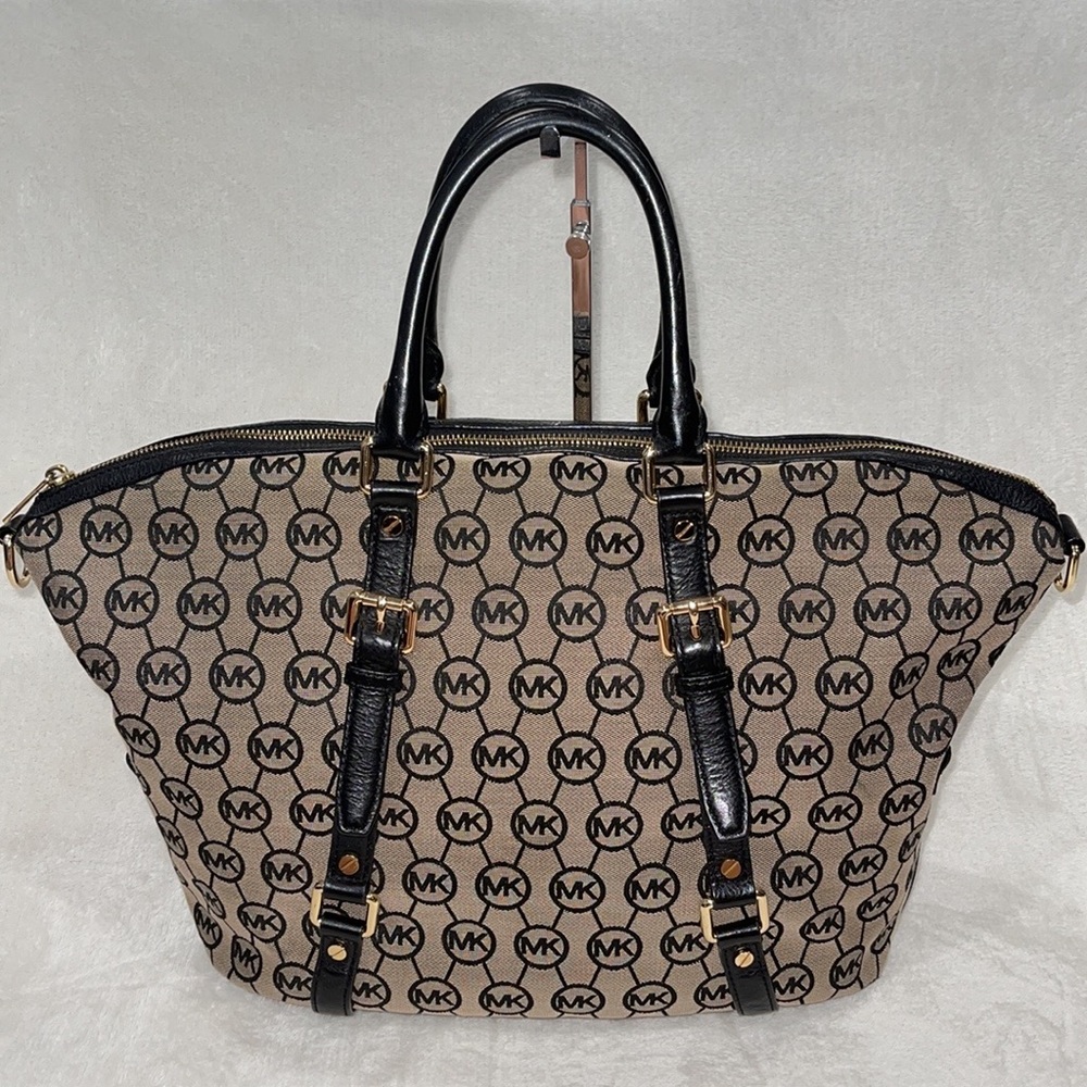 Michael Kors Jacquard Fabric Signature MK Logo DuffleTote Bag Tan/Black X Large